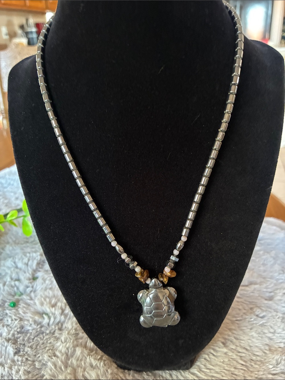 Turtle Pendant Beaded Necklace - Hematite and Brown